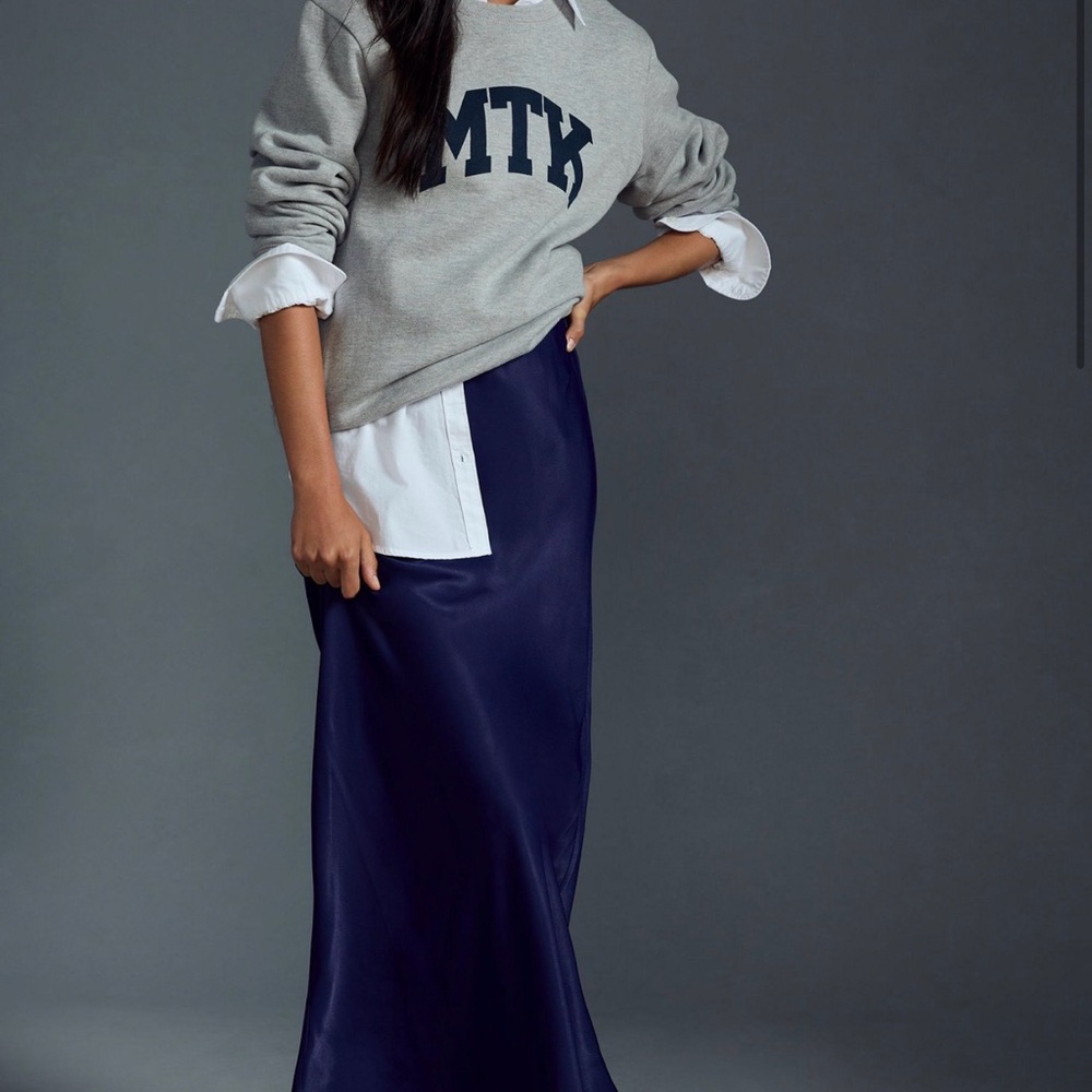 Anthropologie Tilda Navy Satin Maxi Slip Skirt